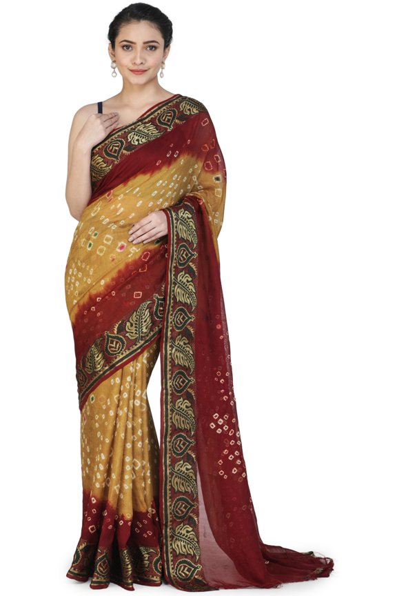 Wood Thrush Bandhani Saree from Rajasthan with Zari Weave on Border
