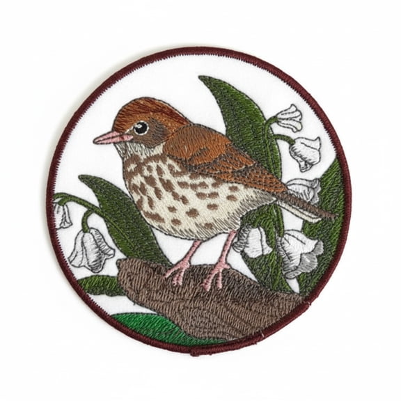 Wood Thrush and Lily of The Valley Circle Embroidered Iron on/Sew Patch [5"X5"]