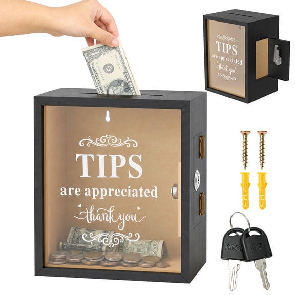Wood Tip Box with Lock and Slot 2 Keys Acrylic Viewing Window for Business