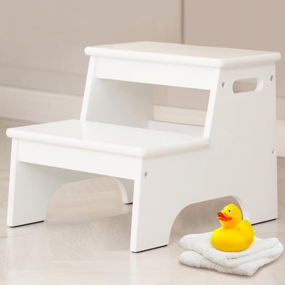 Wood Toddler Step Stool for Bathroom Sink, White Kids Toilet Step Stool for Potty Training, Small Child Baby Girl Boy 2 Stepping Stool with Handle for Kitchen Counter Nursery Bedroom Closet