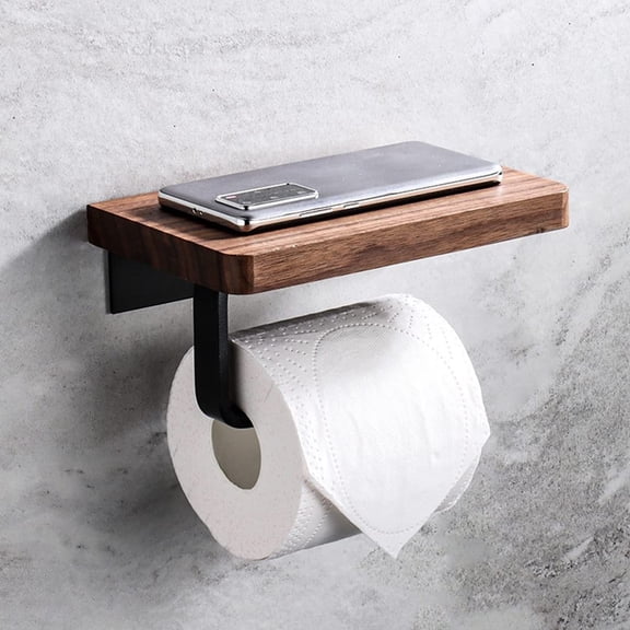 Wood Toilet Paper Holder with Shelf, Black Walnut Wooden Shelf with Bar & Black Metal Storage Rack for Tissue Rolls, Phone and Hand Towels, Wall Mounted Scandinavian Vintage Bathroom Decor20*12*8.5cm