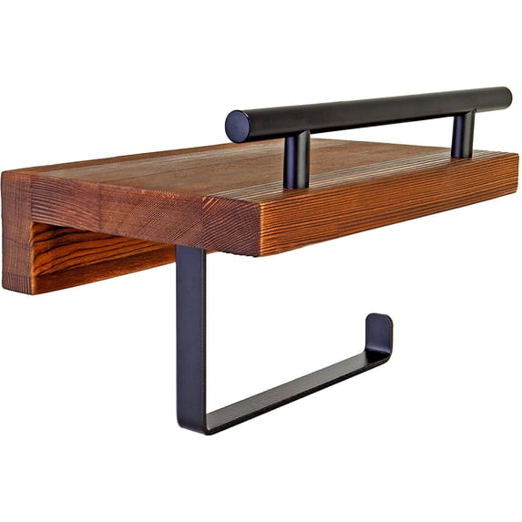 Wood Toilet Paper Holder With Shelf - Rustic Pine Wood Shelving with Bar & Black Metal Storage Rack For Tissue Rolls, Wipes, Hand Towels - Wall Mounted Modern Farmhouse Bathroom Organizer