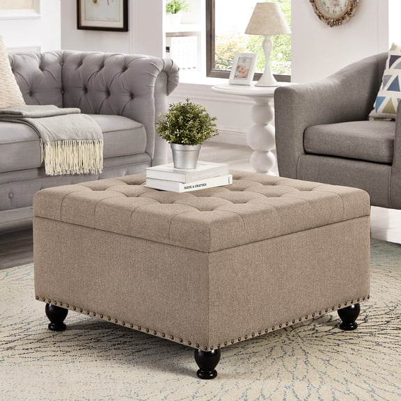 Wood Tone Square With Button Cushion Storage Legs And Detailing