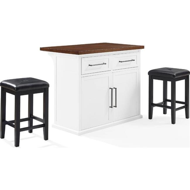 Wood Top Kitchen Island with Black Upholstered Square Stools, White