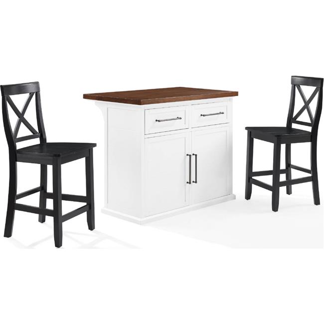 Wood Top Kitchen Island with Black XBack Stools, White