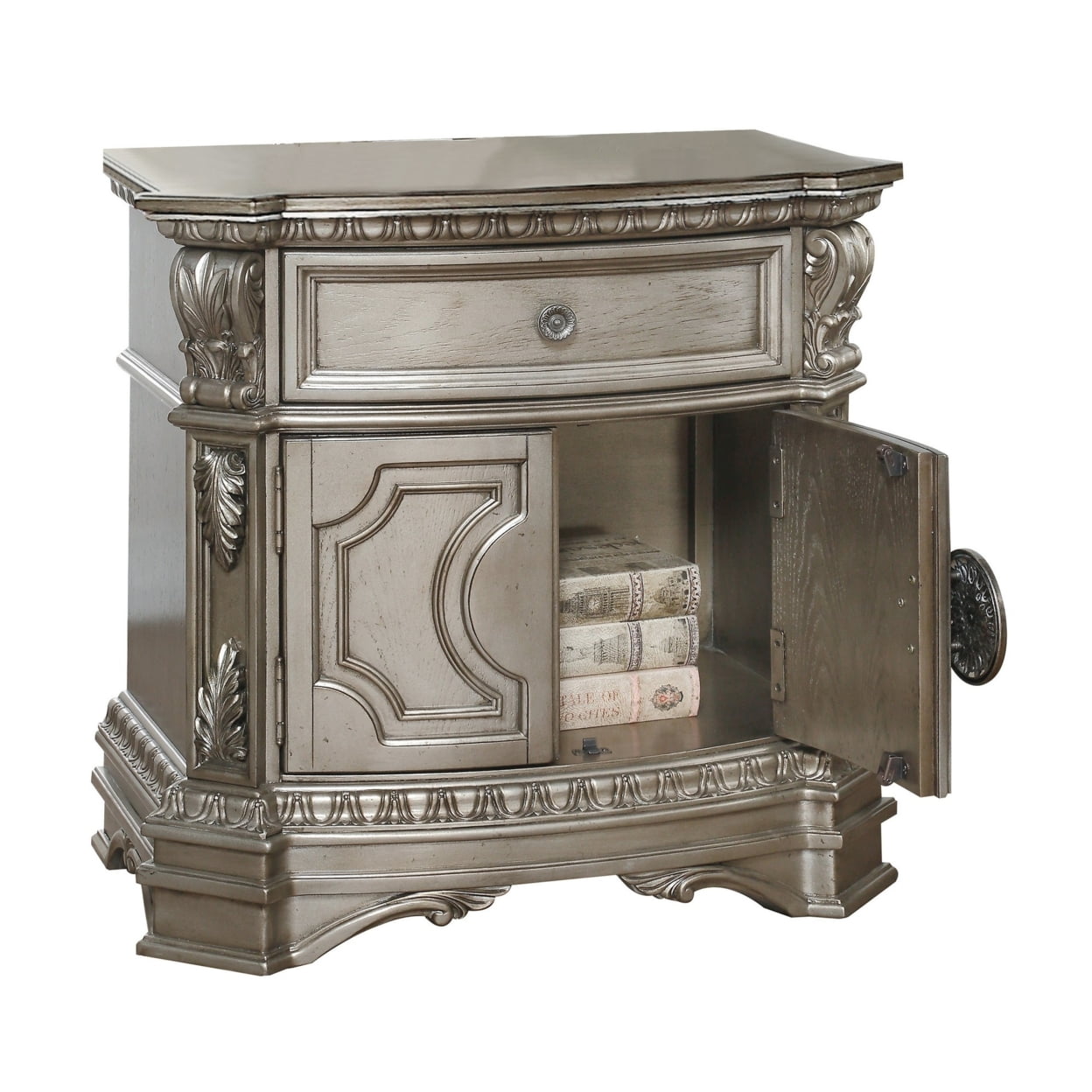 Antique Silver Elegance 30" Nightstand with Drawer and Carved Details