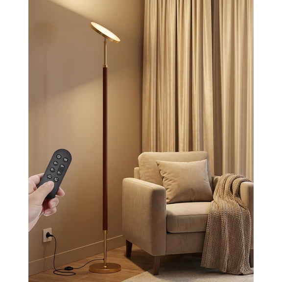Wood Torchiere Floor Lamp with Stepless Dimmable LED Uplight Adjustable Color Temperature 3000K6500K Remote Timer Walnut Wood and Brushed Brass Bestseling