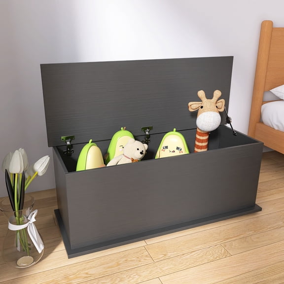 Wood Toy Box with Lift Top, Large Storage Chest Trunk, Entryway Bench Storage Organizer, Lift Top Toy Chest with 2 Safety Hinges, for Living Room, Bedroom, Black