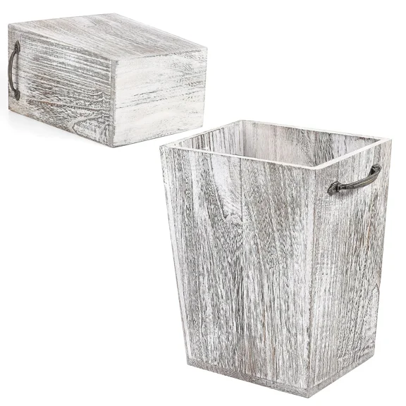 Wood Trash Can Wastebasket, Rustic Garbage Container Bin With Handle For Bedroom