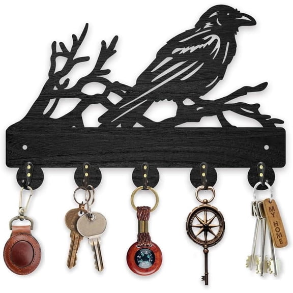 Wood Tree Branch Crow Key Hook Animal Bird Key Holder Wall Mount 11.87.9inch Black Key Holder 5 Alloy Hooks Home Decor Gifts Entryway Kitchen Bathroom Storage Organizer BlackDIY