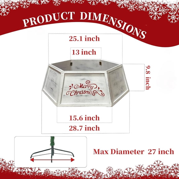 Wood Tree Collar, 28.7" White Christmas Tree Collar for Artificial Trees, Vintage Hexagon Natural Wooden Christmas Tree Stand Cover, Farmhouse Rustic Christmas Tree Box Base