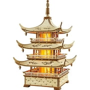 Wood Trick Harmony Tower Pagoda Temple LED 3D Wooden Puzzles for Adults to Build - Delicate Engravings - 2-Mode Lighting - Engineering DIY Project Mechanical 3D Puzzle Model Kits for Adults