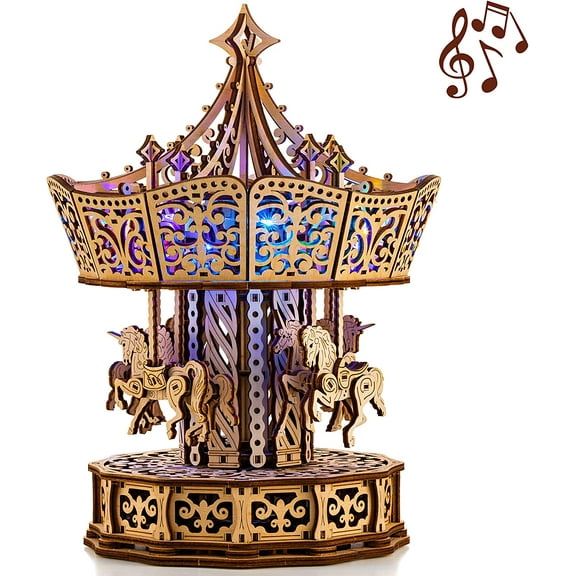 Wood Trick Parisian Carousel Music Box Rotating with Backlit - 3D Wooden Puzzles for Adults and Kids to Build DIY - Wooden Music Box Kit - La Vie en Rose Tune - Engineering DIY Wooden Models