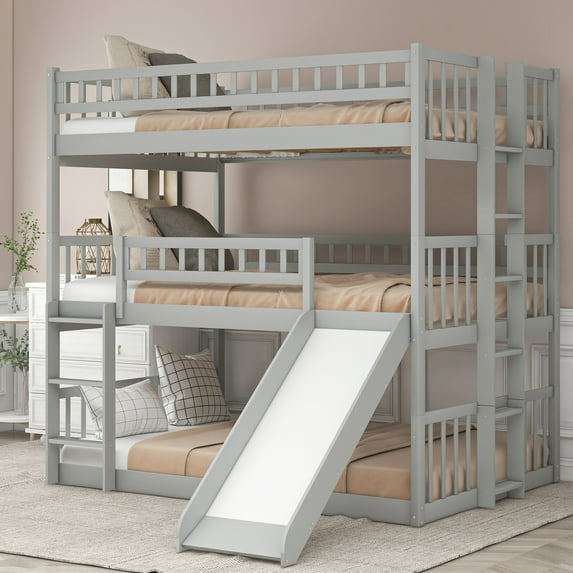 Wood Triple Bunk Beds with Slide and Ladders, Full over Full over Full Triple Beds Frame, Convertible into 3 Full Platform Beds, or 1 Bunk Bed and 1 Full Bed, No Box Spring Needed, Gray, D3853