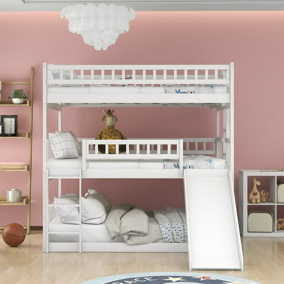Wood Triple Bunk Beds with Slide and Ladders, Full over Full over Full Triple Beds Frame, Convertible into 3 Full Platform Beds, or 1 Bunk Bed and 1 Full Bed, No Box Spring Needed, White, D3841