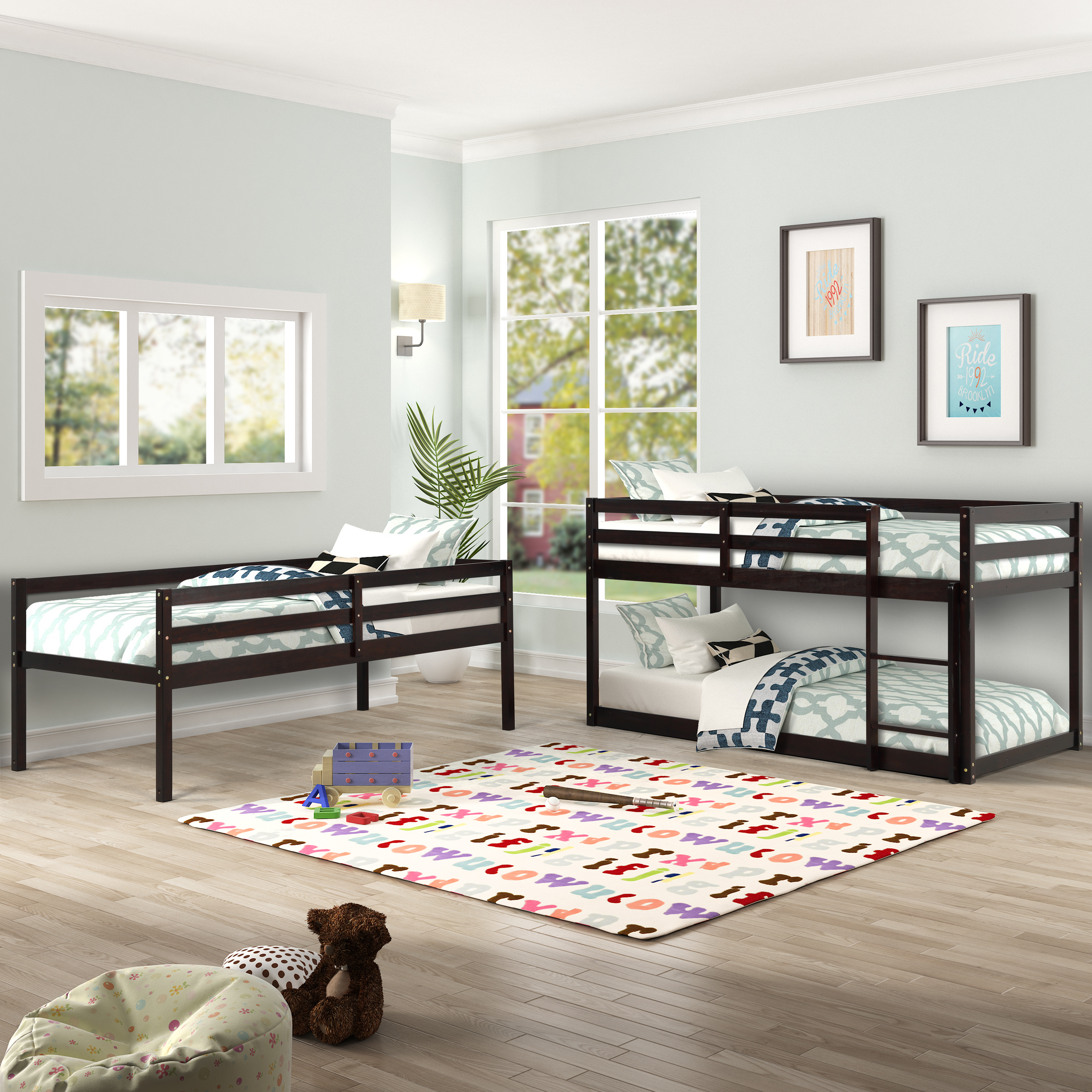 Wood Triple Twin Bunk Bed, Twin over Twin Triple Bunk Bed, Detachable