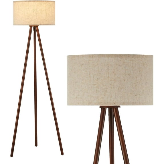 BTP Wood Tripod Floor Lamp for Living Room, 3 Color Temparature Bulb Included, Mid Century Modern Wooden Floor lamp with Linen Shade for Bedroom, Office, ETL Listed Walnut Wood Color