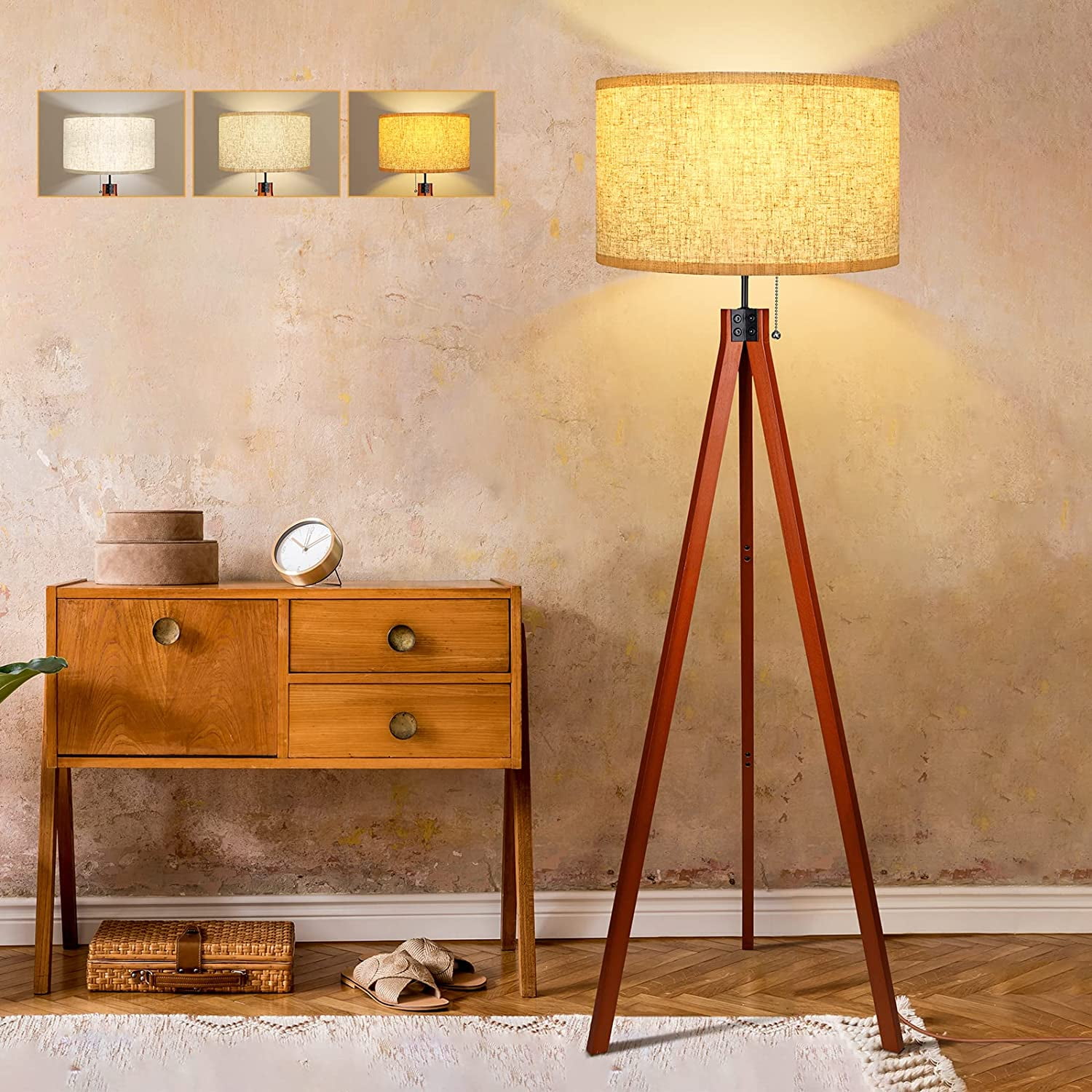 Wood Tripod Floor Lamp Mid Century Tall Standing Lamps for Living Room