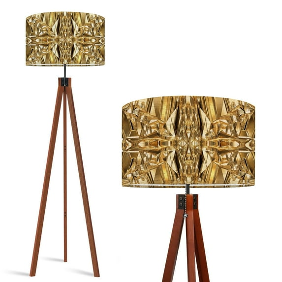 Wood Tripod Floor Lamp, Mid Century Wood Standing Lamp with 3 Color Temperature Dimmable Standing for Living Room, Bedroom, Office 3D Champaign Gold Diamond Decorative Flaxen Lamp Shade