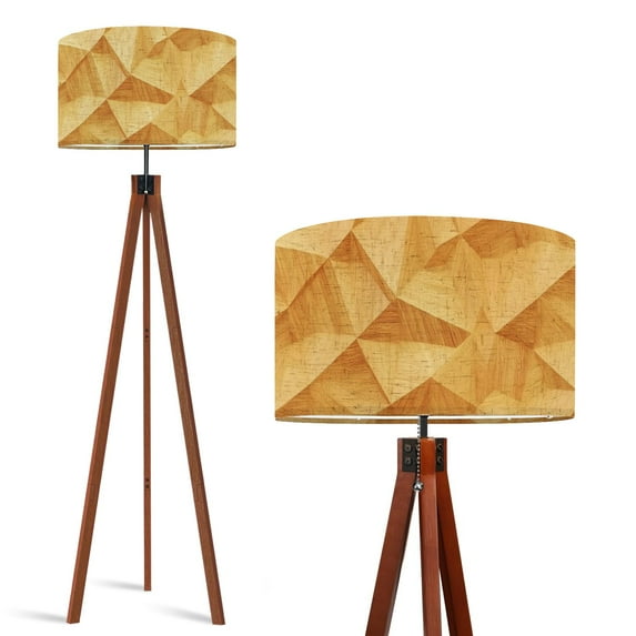 Wood Tripod Floor Lamp, Mid Century Wood Standing Lamp with 3 Color Temperature Dimmable Standing for Living Room, Bedroom, Office 3D Light Oak Diamond Faux Wood Living Flaxen Lamp Shade
