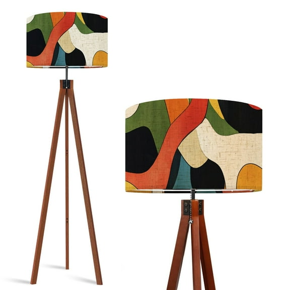 Wood Tripod Floor Lamp, Mid Century Wood Standing Lamp with 3 Color Temperature Dimmable Standing for Living Room, Bedroom, Office 3D Mid Century Modern Vintage Abstract Flaxen Lamp Shade