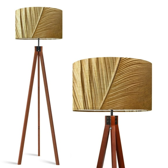 Wood Tripod Floor Lamp, Mid Century Wood Standing Lamp with 3 Color Temperature Dimmable Standing for Living Room, Bedroom, Office Abstract Feather Gold Lines Background Flaxen Lamp Shade