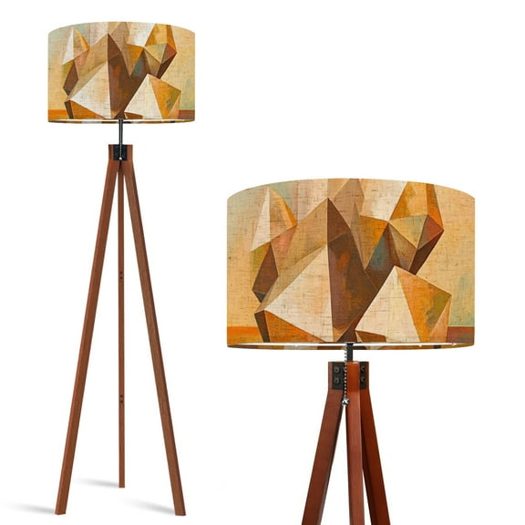 Wood Tripod Floor Lamp, Mid Century Wood Standing Lamp with 3 Color Temperature Dimmable Standing for Living Room, Bedroom, Office Antique Copper Diamond Faceted Shapes Flaxen Lamp Shade