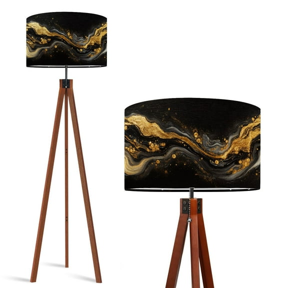 Wood Tripod Floor Lamp, Mid Century Wood Standing Lamp with 3 Color Temperature Dimmable Standing for Living Room, Bedroom, Office Black And Flaxen Lamp Shade