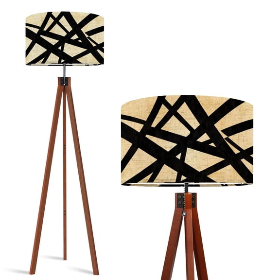 Wood Tripod Floor Lamp, Mid Century Wood Standing Lamp with 3 Color Temperature Dimmable Standing for Living Room, Bedroom, Office Black And Flaxen Lamp Shade