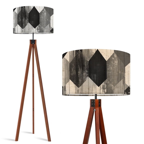 Wood Tripod Floor Lamp, Mid Century Wood Standing Lamp with 3 Color Temperature Dimmable Standing for Living Room, Bedroom, Office Black And White Geometric Hexagon Flaxen Lamp Shade