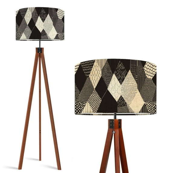 Wood Tripod Floor Lamp, Mid Century Wood Standing Lamp with 3 Color Temperature Dimmable Standing for Living Room, Bedroom, Office Black And White Geometric Hexagon Flaxen Lamp Shade