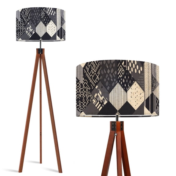 Wood Tripod Floor Lamp, Mid Century Wood Standing Lamp with 3 Color Temperature Dimmable Standing for Living Room, Bedroom, Office Black And White Geometric Hexagon Flaxen Lamp Shade