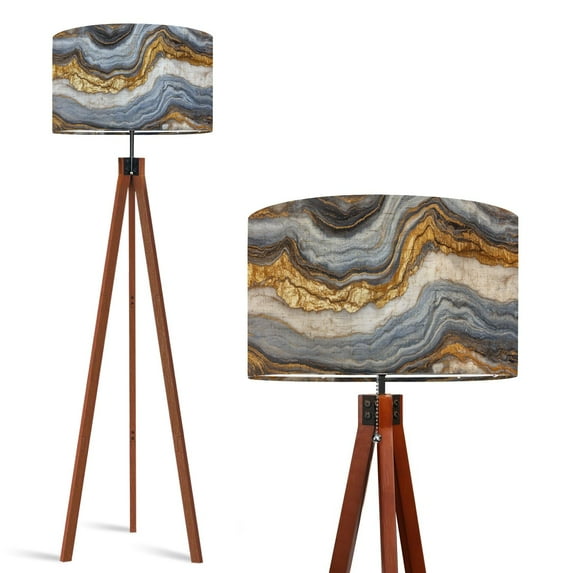 Wood Tripod Floor Lamp, Mid Century Wood Standing Lamp with 3 Color Temperature Dimmable Standing for Living Room, Bedroom, Office Blue Gold Marble Abstract White Modern Flaxen Lamp Shade
