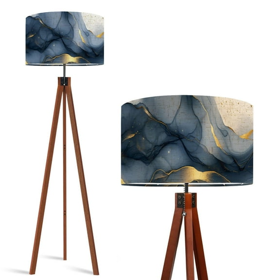 Wood Tripod Floor Lamp, Mid Century Wood Standing Lamp with 3 Color Temperature Dimmable Standing for Living Room, Bedroom, Office Blue Gold Marble Abstract White Modern Flaxen Lamp Shade