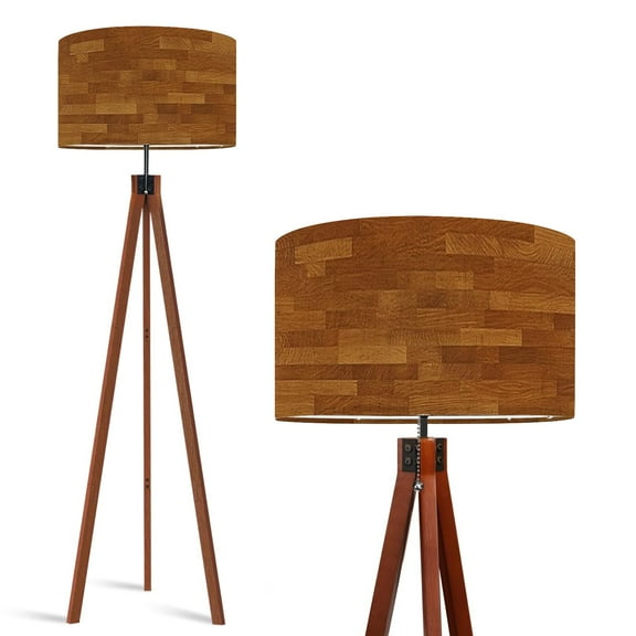 Wood Tripod Floor Lamp, Mid Century Wood Standing Lamp with 3 Color Temperature Dimmable Standing for Living Room, Bedroom, Office Butcher Block Grain Rectangular Planks Flaxen Lamp Shade