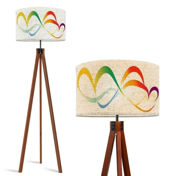 Wood Tripod Floor Lamp, Mid Century Wood Standing Lamp with 3 Color Temperature Dimmable Standing for Living Room, Bedroom, Office Calligraphy Two Divided Hearts Flaxen Lamp Shade