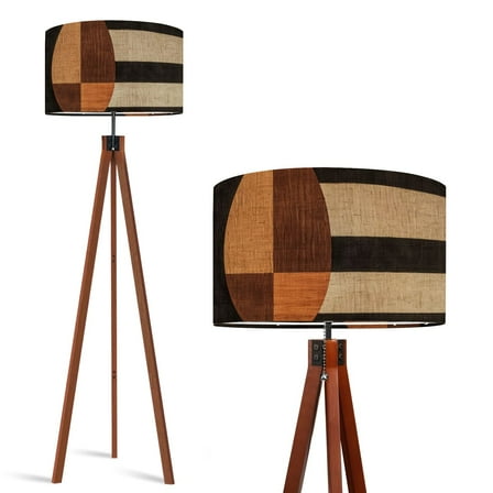 Wood Tripod Floor Lamp, Mid Century Wood Standing Lamp with 3 Color Temperature Dimmable Standing for Living Room, Bedroom, Office Dark Geometric Modern Art Circles Flaxen Lamp Shade