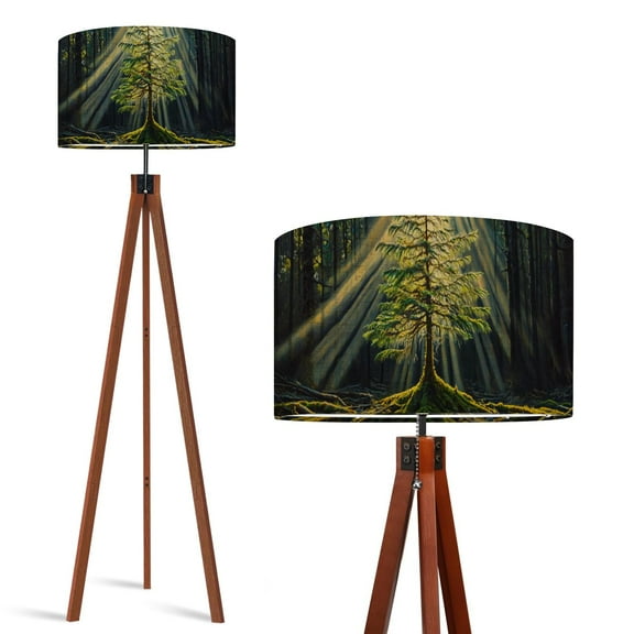 Wood Tripod Floor Lamp, Mid Century Wood Standing Lamp with 3 Color Temperature Dimmable Standing for Living Room, Bedroom, Office Forest Nature Tree Green Indoor Outdoor Flaxen Lamp Shade