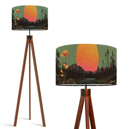 Wood Tripod Floor Lamp, Mid Century Wood Standing Lamp with 3 Color Temperature Dimmable Standing for Living Room, Bedroom, Office Forest Tree Vintage Aesthetic Nature Flaxen Lamp Shade