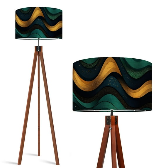 Wood Tripod Floor Lamp, Mid Century Wood Standing Lamp with 3 Color Temperature Dimmable Standing for Living Room, Bedroom, Office Hand Drawn Retro Faux Glitter Gold Flaxen Lamp Shade