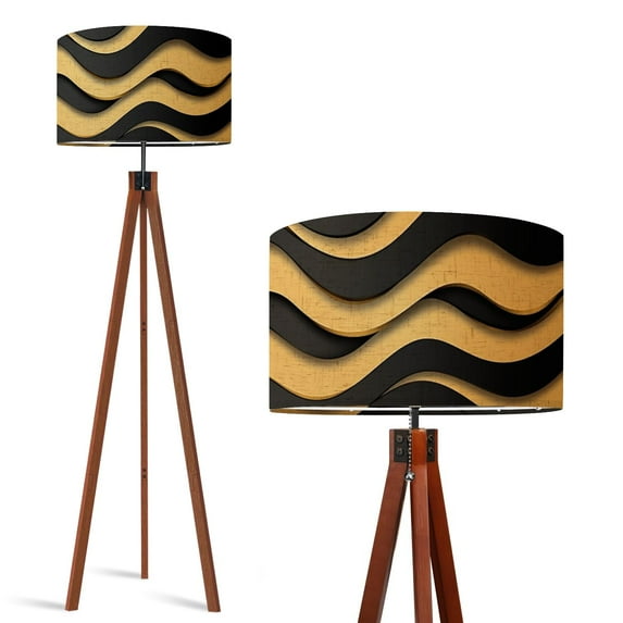 Wood Tripod Floor Lamp, Mid Century Wood Standing Lamp with 3 Color Temperature Dimmable Standing for Living Room, Bedroom, Office Modern Abstract Curve 3D Striped Black Flaxen Lamp Shade