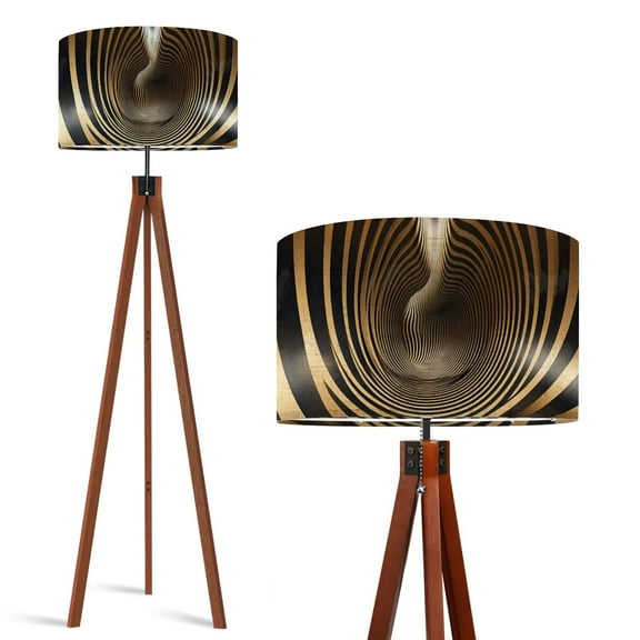 Wood Tripod Floor Lamp, Mid Century Wood Standing Lamp with 3 Color Temperature Dimmable Standing for Living Room, Bedroom, Office Modern Abstract Curve 3D Striped Black Flaxen Lamp Shade
