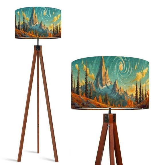 Wood Tripod Floor Lamp, Mid Century Wood Standing Lamp with 3 Color Temperature Dimmable Standing for Living Room, Bedroom, Office Mountain Forest Boho Landscape Aesthetic Flaxen Lamp Shade