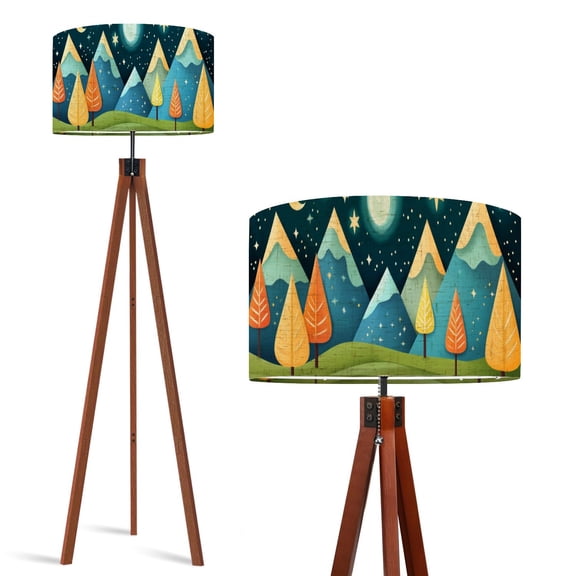 Wood Tripod Floor Lamp, Mid Century Wood Standing Lamp with 3 Color Temperature Dimmable Standing for Living Room, Bedroom, Office Mountain Forest Boho Landscape Aesthetic Flaxen Lamp Shade
