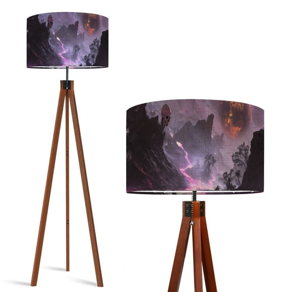 Wood Tripod Floor Lamp, Mid Century Wood Standing Lamp with 3 Color Temperature Dimmable Standing for Living Room, Bedroom, Office Mountain UV Galaxy Planet Magic Neon Flaxen Lamp Shade