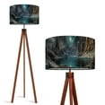 thumbnail image 1 of Wood Tripod Floor Lamp, Mid Century Wood Standing Lamp with 3 Color Temperature Dimmable Standing for Living Room, Bedroom, Office Outer Space Galaxy Dark Blue Stars Moon Flaxen Lamp Shade, 1 of 5