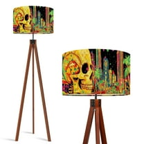 Wood Tripod Floor Lamp, Mid Century Wood Standing Lamp with 3 Color Temperature Dimmable Standing for Living Room, Bedroom, Office Punk Skull Japanese City Cool Astronaut Flaxen Lamp Shade