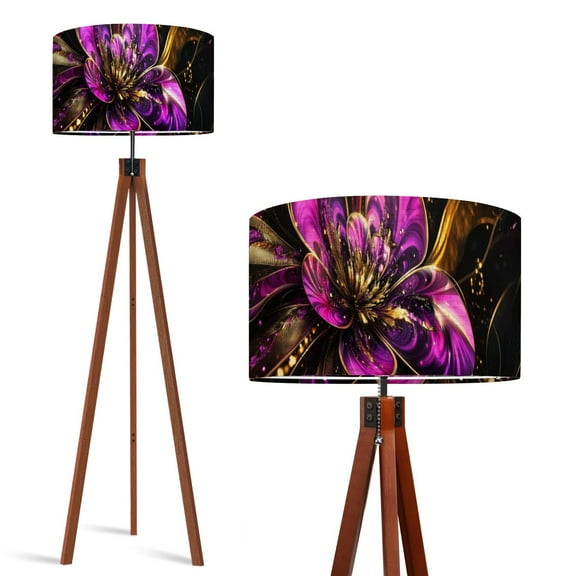 Wood Tripod Floor Lamp, Mid Century Wood Standing Lamp with 3 Color Temperature Dimmable Standing for Living Room, Bedroom, Office Purple Flower Purple Paintings Purple Flaxen Lamp Shade