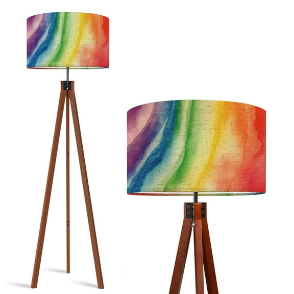Wood Tripod Floor Lamp, Mid Century Wood Standing Lamp with 3 Color Temperature Dimmable Standing for Living Room, Bedroom, Office Rainbow watercolor paper Flaxen Lamp Shade