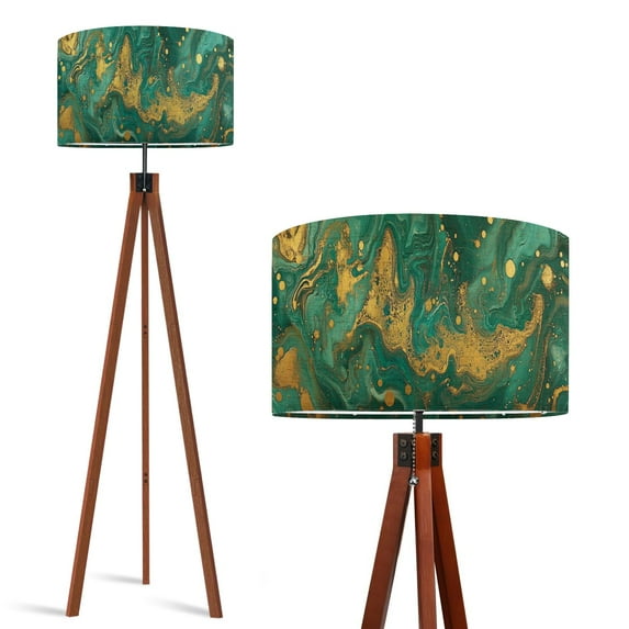 Wood Tripod Floor Lamp, Mid Century Wood Standing Lamp with 3 Color Temperature Dimmable Standing for Living Room, Bedroom, Office Retro Turquoise Marble Swirling Patterns Flaxen Lamp Shade
